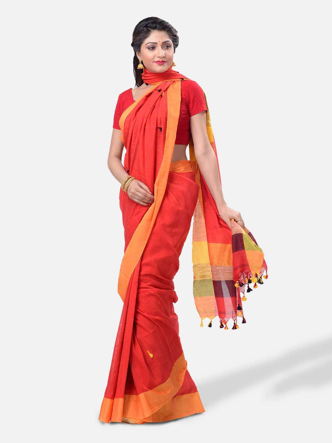 Pure Cotton 100% Traditional Bengali Handloom Tant Saree Very Soft Cotton Materials"Clical Desigined" With Blouse Piece (Red Yellow Black)   